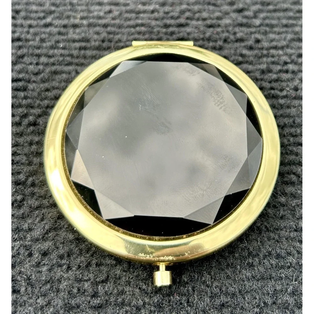 Gold Compact Mirror‎ Faceted Black Gemstone Look Purse Makeup Accessory 2.5 Inch